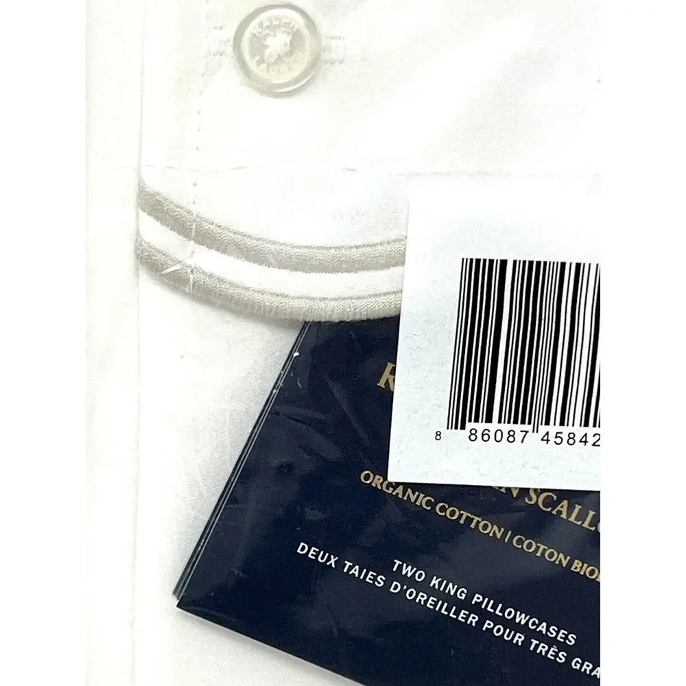 Ralph Lauren Malin Scallop KING PILLOWCASES Silver White Organic Cotton NWT Pair